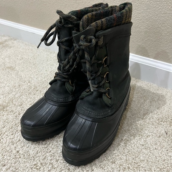 Sorel Women Lace Up Mid Calf Winter Snow Boots Green Plaid Suede Rubber Size 6, - Picture 2 of 16
